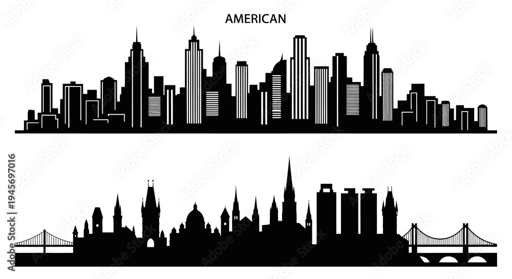 Fototapeta premium American and European City Skylines Silhouettes, Black White Architecture