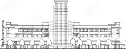 Architectural drawing of a building with a tall central structure isolated on transparent background
