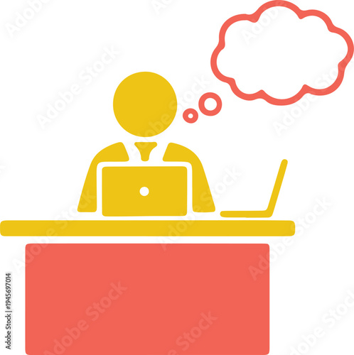 Person at a podium thinking deeply while using a laptop and speaking into a microphone