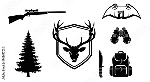 Hunting Icons: Rifle, Deer Head, Tree, Bow, Binoculars, Knife, Backpack Glyph