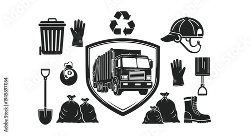 Black and White Icons of Garbage Truck, Recycling, and Sanitation Worker Gear