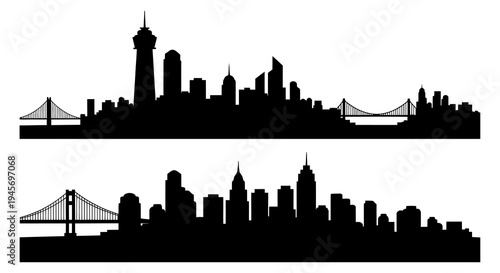 Black  White Skyline Silhouettes with Bridges, Urban Cityscape Art