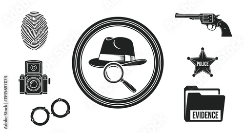 Detective icons: Fingerprint, camera, hat, magnifier, gun, badge, evidence