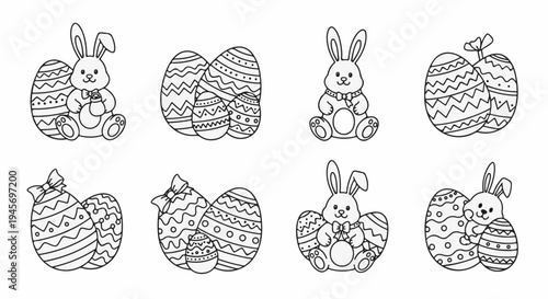 Cute line art illustrations of bunnies with decorated Easter eggs in rows