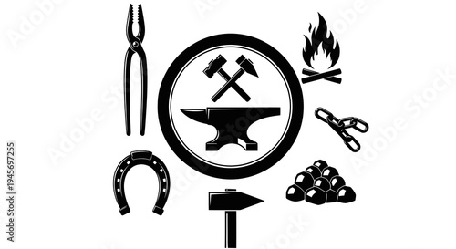 Blacksmithing Vector Icons: Anvil, Hammer, Tongs, Horseshoe, Fire, Chain