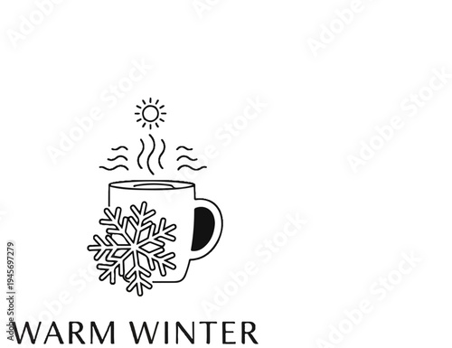 Hand-drawn mug with snowflake, steam, and sun, text below