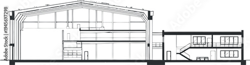 Architectural cross section drawing of a modern house with gable roof isolated on transparent background