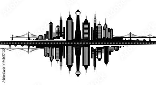 Black  White Cityscape Skyline with Bridges Reflection Art Style