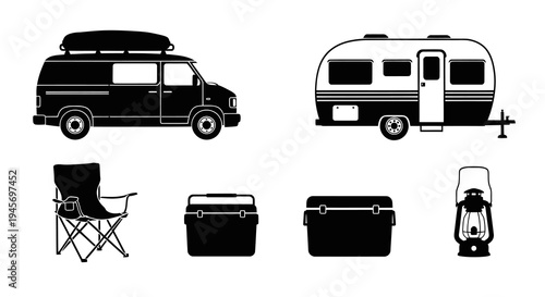 Camping Van Trailer Chair Cooler Lantern Black and White Vector Icons