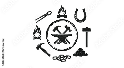 Blacksmithing Icons: Anvil, Hammer, Tongs, Horseshoe, Fire, Coal, Chain, Vector Art