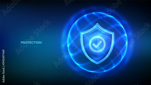 Protection shield with check mark inside glowing sphere and protective energy field on blue background. Cyber security, network safety, healthcare and insurance technology concept. Vector illustration