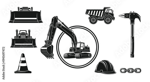 Construction Equipment Vector Icon Set - Black and White Line Art
