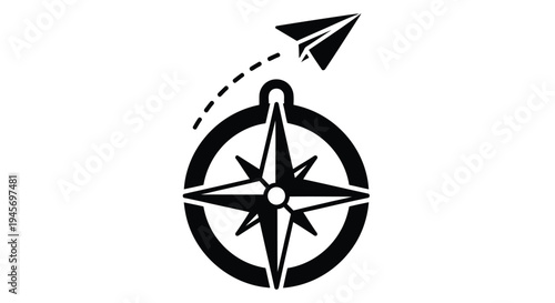 Black and white icon depicting a compass and paper airplane trajectory