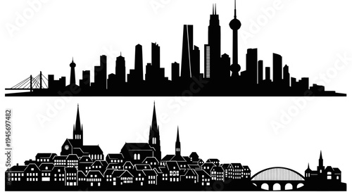 Black  White Skyline Silhouettes: Modern City and Old Town Architecture