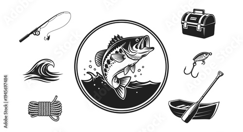 Fishing Vector Icons: Bass Fish, Rod, Lure, Boat, Waves, Tackle Box, Rope
