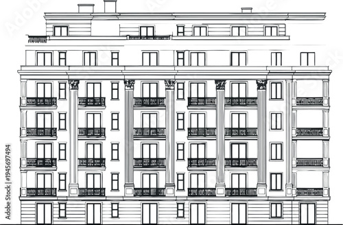 Architectural drawing of a multi story building with balconies isolated on transparent background