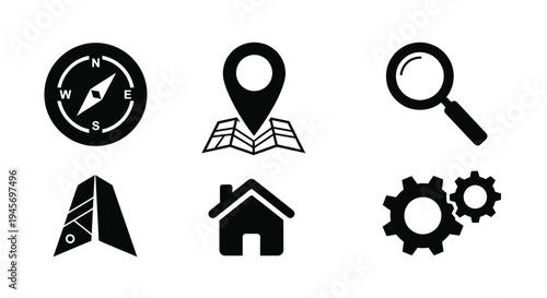 Black icons depicting navigation location and exploration tools on a white background