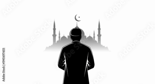 Silhouette of a man in prayer facing a mosque under crescent moon