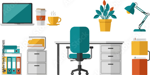 Flat design office items laptop, desk, chair, plant, lamp, files
