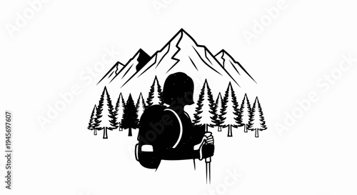 Silhouette of hiker with backpack and poles, facing mountains and trees