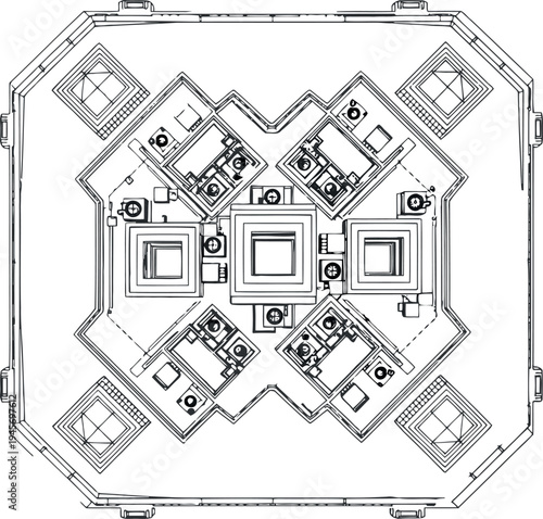 A black and white architectural floor plan with symmetrical rooms isolated on transparent background