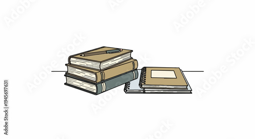 Stack of books with a pencil and two notebooks on white background
