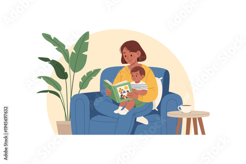 Mother Reading Book To Little Son Sitting Together On Sofa