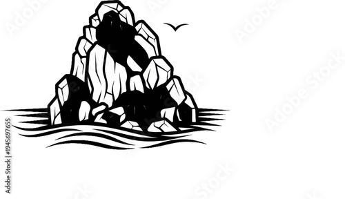 Stylized black and white illustration of a rocky island and a soaring bird
