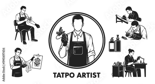 Tattoo Artist Black and White Vector Icons Set