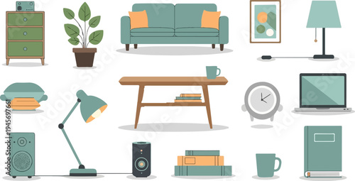 Cozy living room items sofa, plants, furniture, electronics and decor