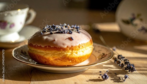 Gourmet Earl Grey tea infused doughnut with delicate lavender buds and a subtle bergamot glaze