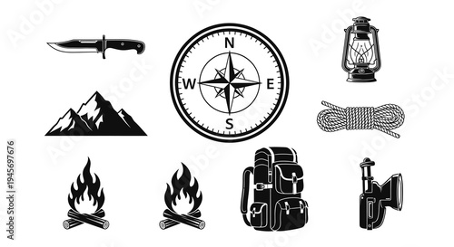 Camping and Outdoor Adventure Icons: Knife, Compass, Fire, Backpack, Lantern, Rope, Mountains, Spotlight