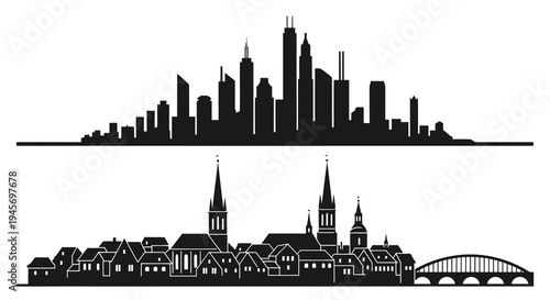 Black  White City Skylines: Modern Skyscrapers and Old Town with Bridge