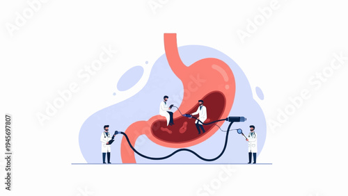 Doctors examine a human stomach with medical instruments