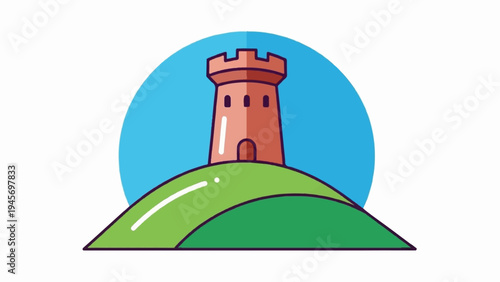 Stylized illustration of a historic tower on a green hill under a blue sky