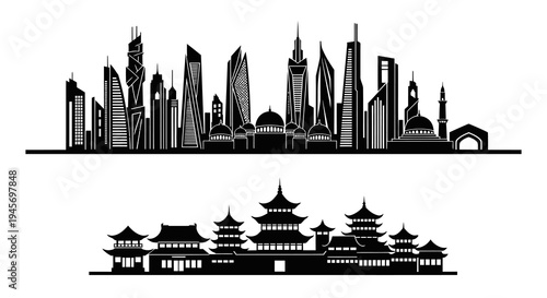 Black  White Silhouette Skyline of Modern City and Asian Architecture