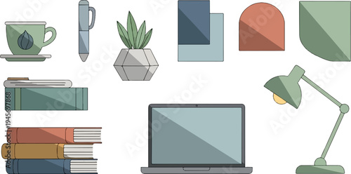 Desktop still life with laptop, books, lamp, and desk accessories