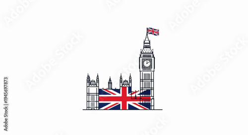 Stylized sketch of iconic clock tower and parliament building with flag