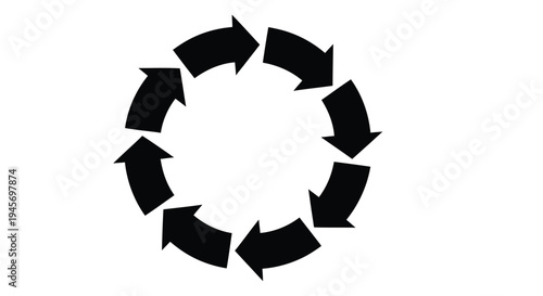 Circular arrangement of black arrows forming a cyclical pattern on a white background