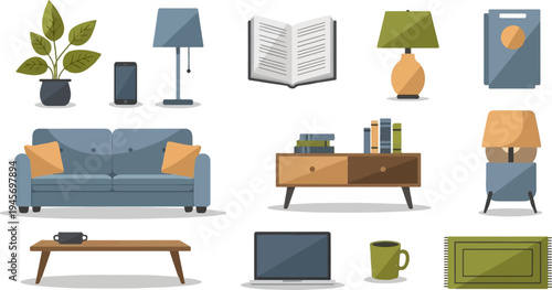 Collection of home interior items sofa, tables, lamps, books, and tech