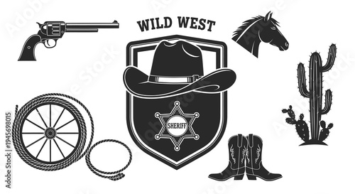 Wild West Sheriff Cowboy Hat Badge Western Vector Art Black White