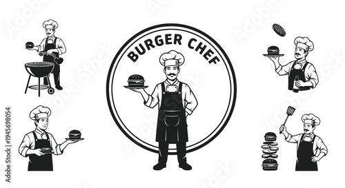 Black and White Chef Illustrations Holding Burgers, Barbecue, and Grill