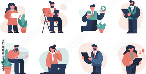 Diverse people in professional attire engage in various tasks using technology and plants