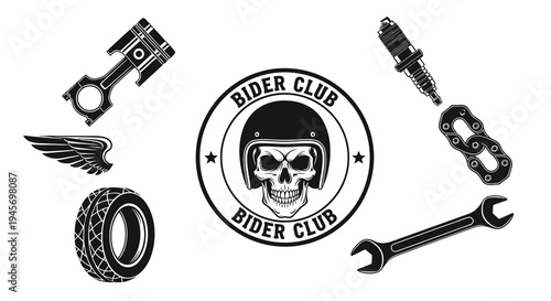 Biker Club Logo with Skull, Piston, Tire, Spark Plug, Wrench, Wings
