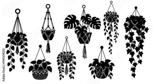 Hanging macrame plant pots with trailing leaves black silhouette set.