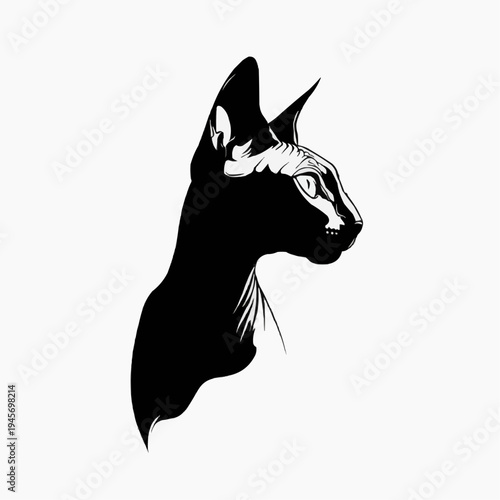 minimalist black vector silhouette of sphynx cat, elegant hairless cat profile for luxury fashion brand, modern alien style feline icon