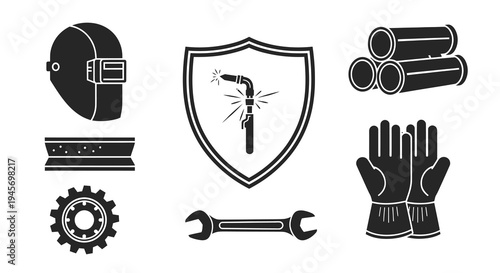 Welding Safety Gear and Tools Icon Set - Black and White Glyph Art
