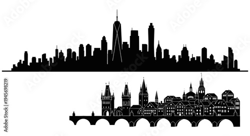 Black and White Skyline Silhouette of Modern City and Historic European Bridge