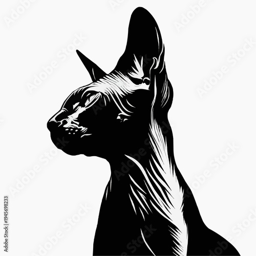 minimalist black vector silhouette of sphynx cat, elegant hairless cat profile for luxury fashion brand, modern alien style feline icon