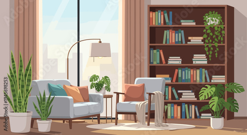 Cozy Living Room Interior with Bookcase, Armchairs, and Green Plants